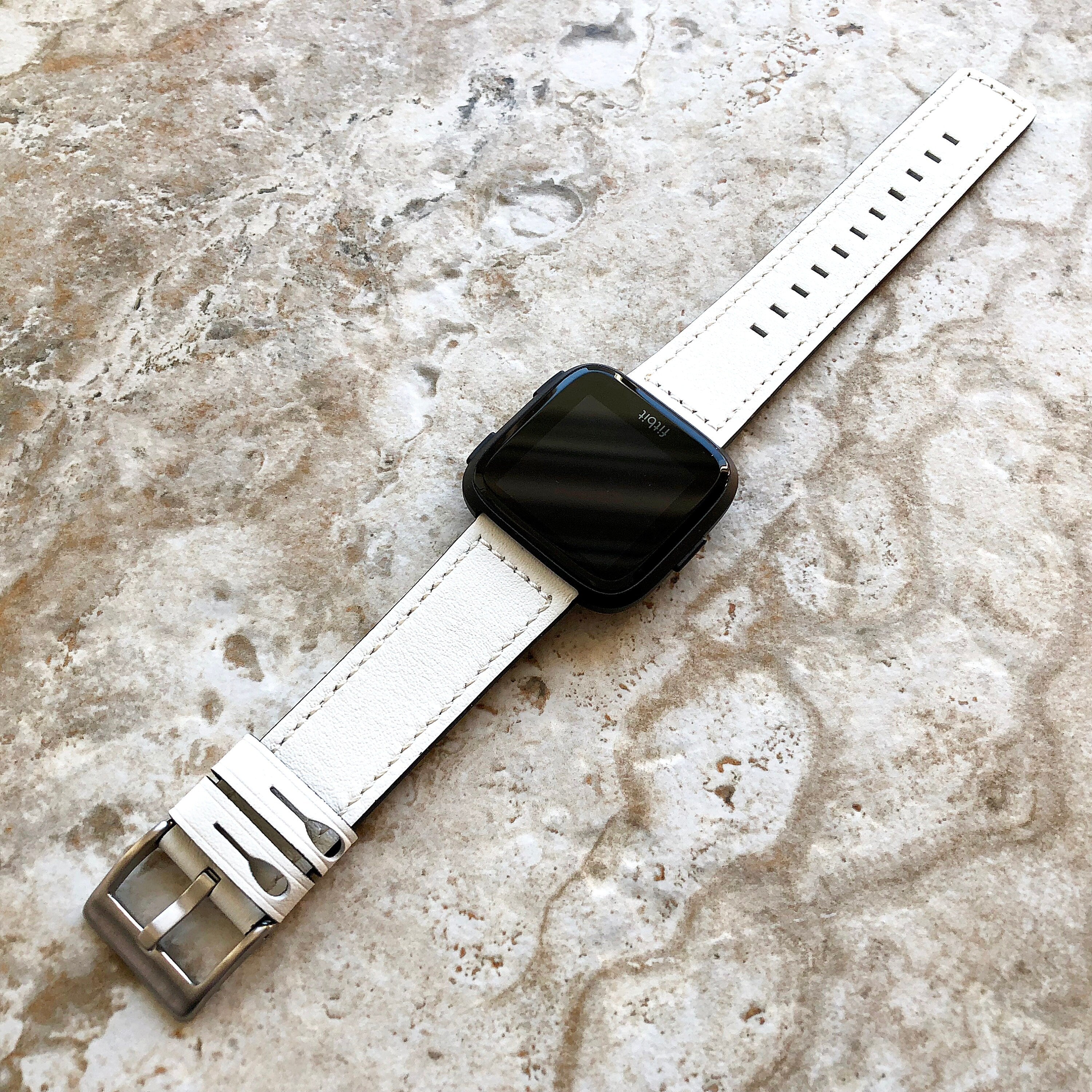Bands for Fitbit Versa 2 3 4 Sense 2 White Leather White Stitches Modern Strap Quick Release Pins Adapters Silver Rose Gold Black Buckles